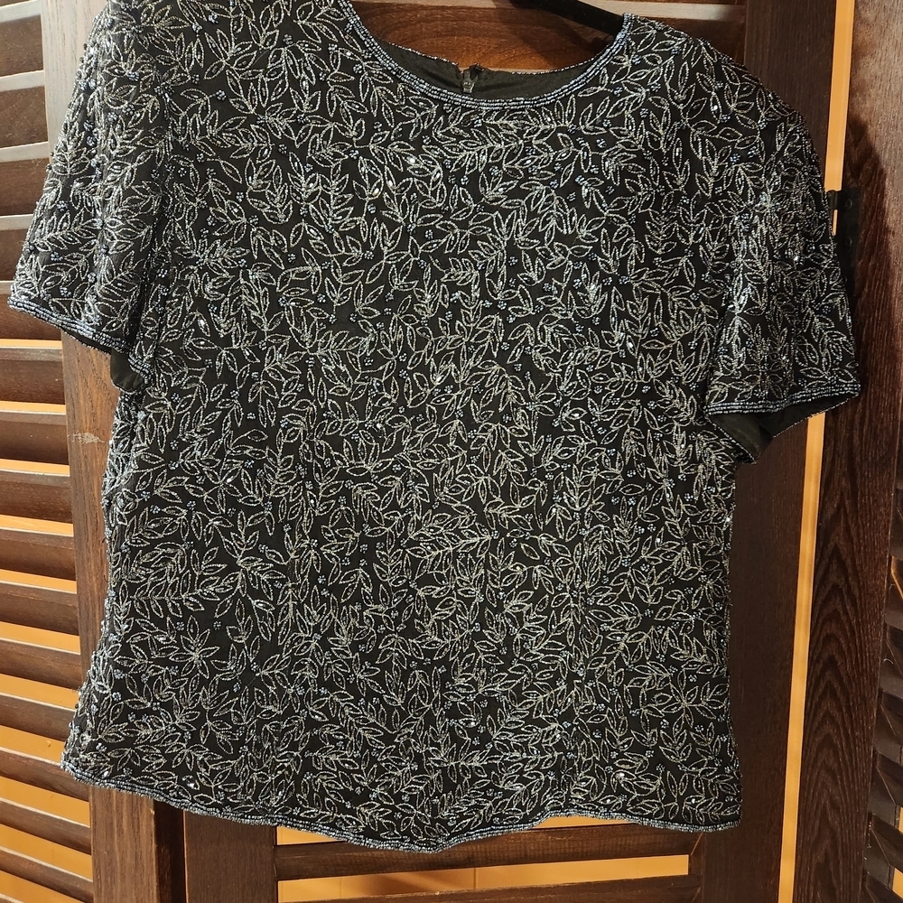 Vintage Black and Silver Beaded Women's Top 2BB